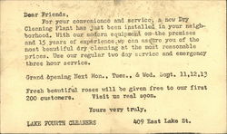 Grand Opening, Lake Fourth Cleaners Postcard