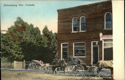 Horsedrawn Buggies In Front of Brick Building Postcard