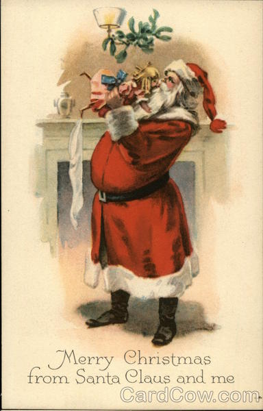 Santa Delivering Doll to Stocking on Fireplace Santa Claus