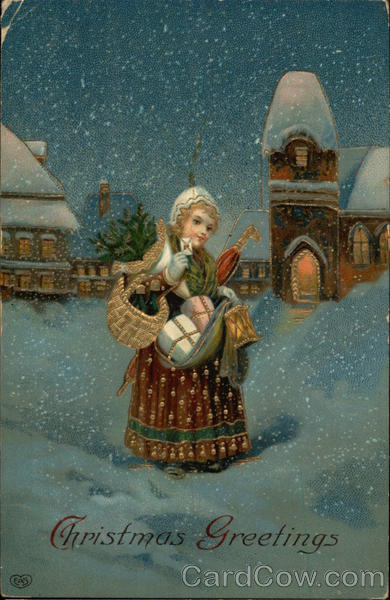 Christmas Greetings - Girl Carrying Packages Children