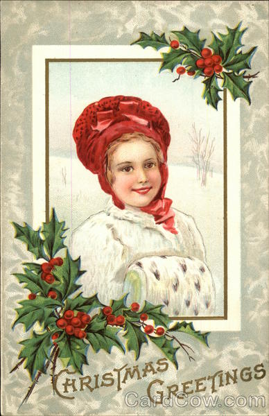 Christmas Greetings with Girl holding Muff in the Snow
