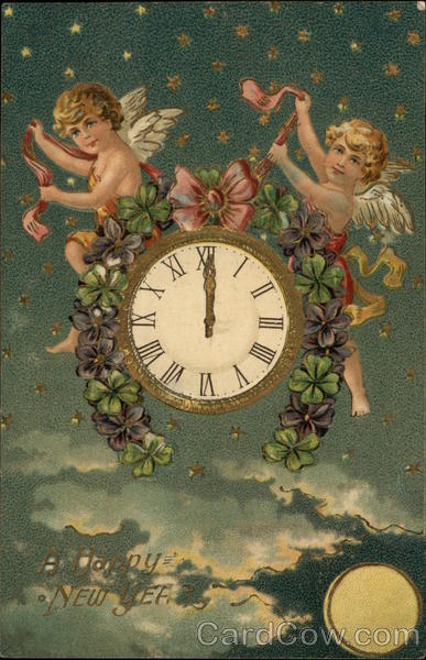 A Happy New Year with Cherubs and Clock New Year's