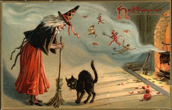 Witch Holding Broom and Black Cat Halloween