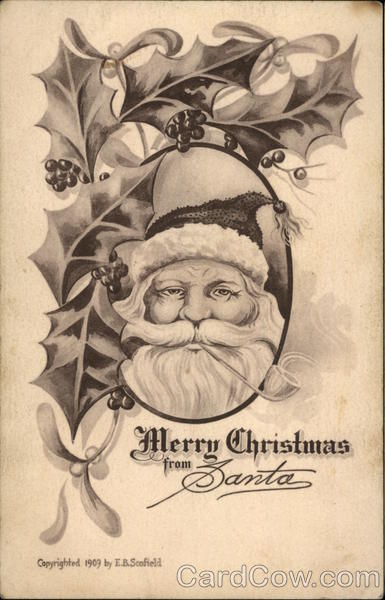 Santa Framed By Holly and Mistletoe Santa Claus