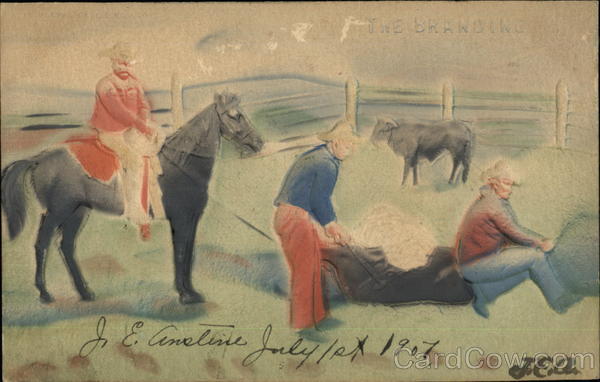 Two Cowboys Brand Cattle, With One Cowboy on Horseback