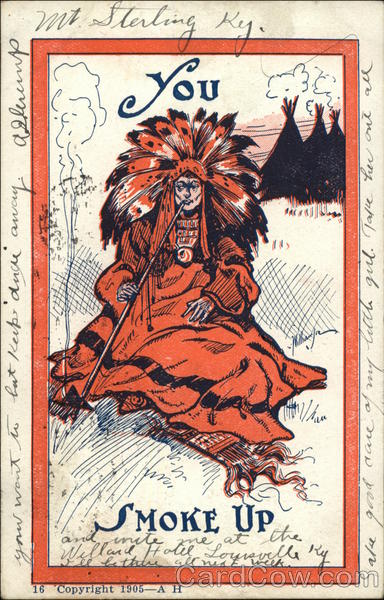 Indian Chief Smoking Peace Pipe Native Americana