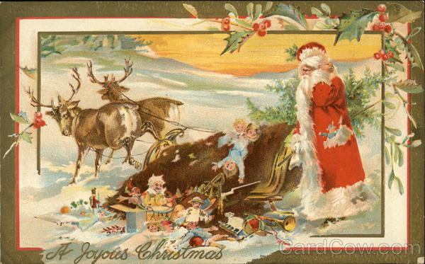 Santa With Reindeer, Sleigh, and Spilled Toys Santa Claus
