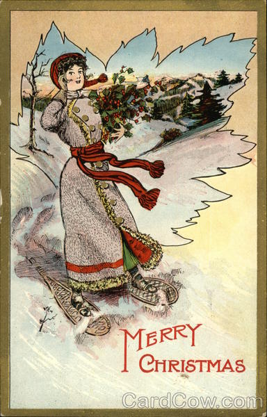 Woman On Snowshoes And With Holly Branches Christmas
