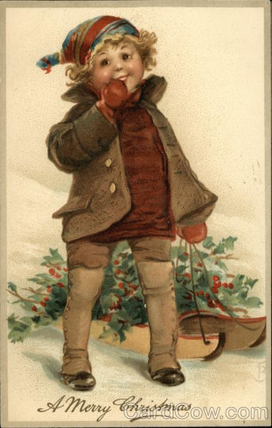 A Merry Christmas with Child pulling a sled full of Holly Branches