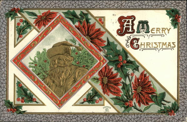 A Merry Christmas - Gold Embossed Santa and Red Poinsettias