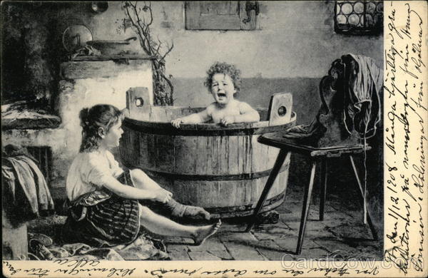 Two Children Taking Bath in Wood Tub