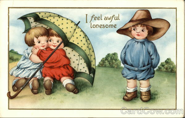 Little Boy Watches Two Children Hug Beneath Umbrella