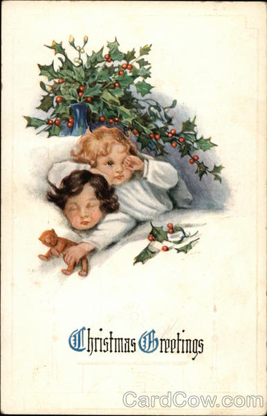 Two children in Bed with Vase of Holly on Table