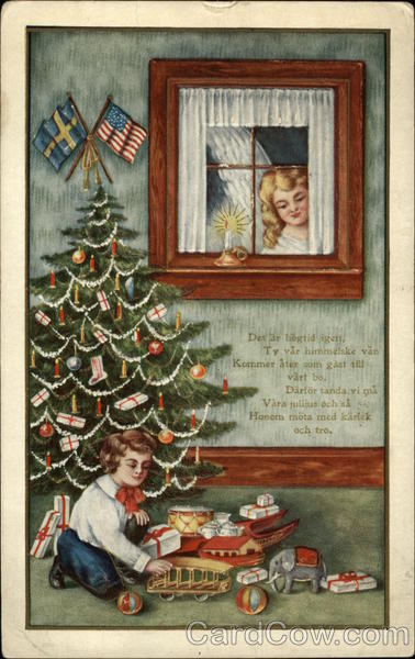 Child Looking at Presents Under Tree, Angel Looking Through Window