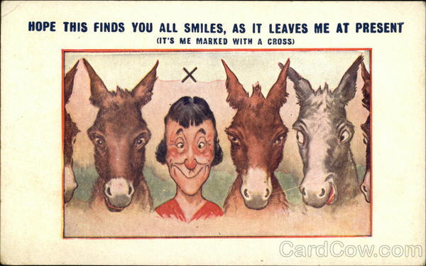 Man Poses With Several Donkeys To Send Greetings Comic, Funny