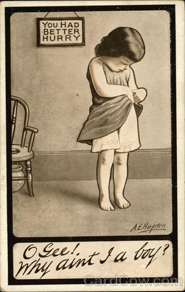 Girl Readjusting After Using Commode Girls