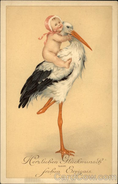 Baby in Pink Bonnet Riding Stork Babies