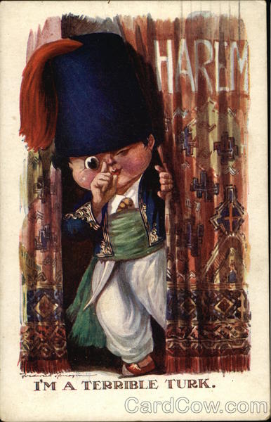 Boy in Fez Hat Peeking From Behind Harem Curtain Comic, Funny