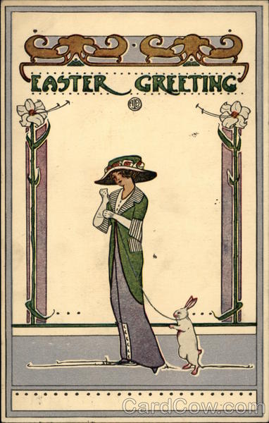 A beautiful lady with a bunny-Easter greeting With Bunnies
