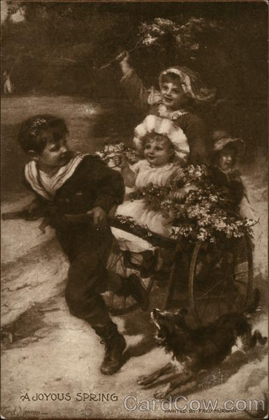 A Boy Pulls Cart With Three Little Girls, Dog Runs Along Too