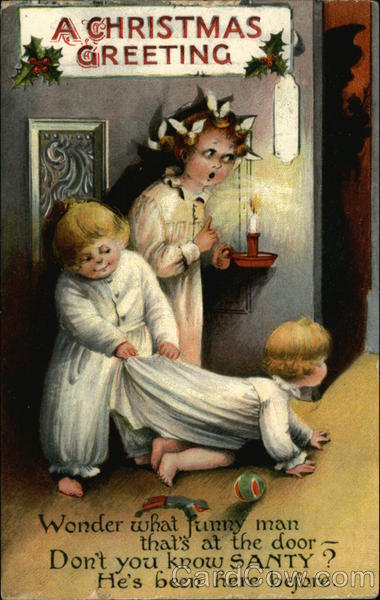 Children Spying on Christmas Tree in Night Clothes