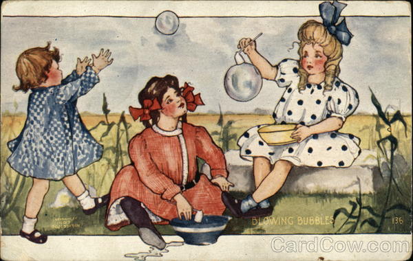 Three Little Girls Blow Soap Bubbles Children