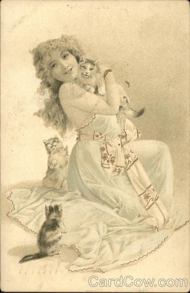 Woman In White Dress With Three Cats Women