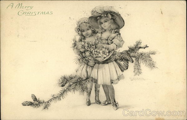A Merry Christmas with Young Girls carrying Flowers and Pine Boughs
