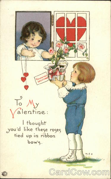 Little Girl At Window Receives Roses From Little Boy