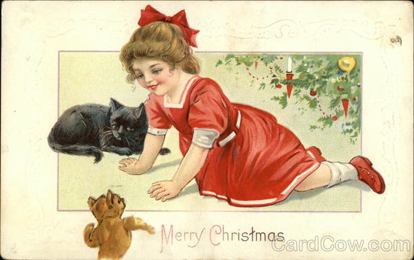 Merry Christmas with Young Girl in Red playing with Kittens