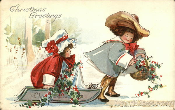 Christmas Greetings with Boy & Girl pulling Sled in the Snow