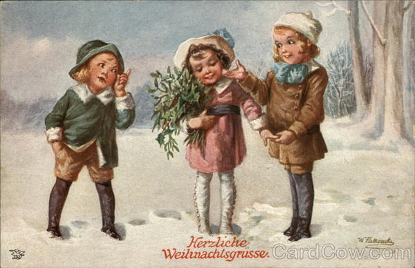 Three Children Collecting Holly In Snow