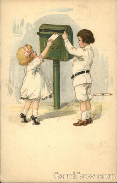 Little Boy Helps Little Blonde Girl Mail a Letter in Green Mailbox