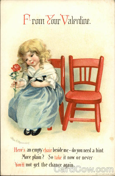 Little Girl Holding Rose Sits Beside An Empty Chair