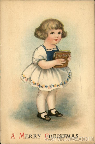 A Merry Christmas with Young Girl holding Book Ellen Clapsaddle