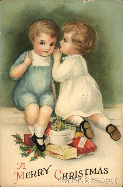 A Merry Christmas with Young Boy and Young Girl Whispering over Gifts