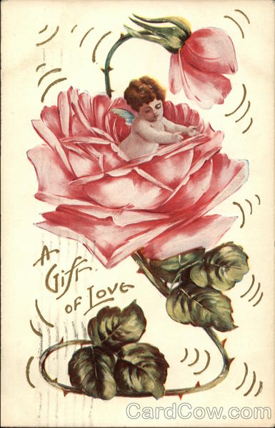 A Gift of Love with Cherub inside a Pink Rose Romance & Love