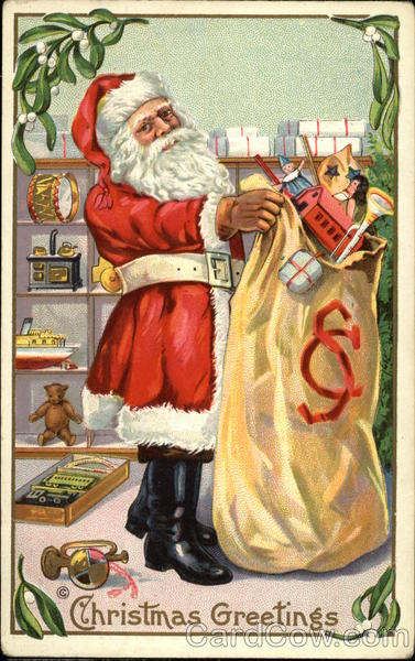 Christmas Greetings - Santa Holding Large Bag of Toys