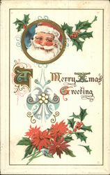 A Merry Xmas Greeting - Santa Claus and Poinsettias Postcard