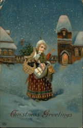 Christmas Greetings - Girl Carrying Packages Postcard