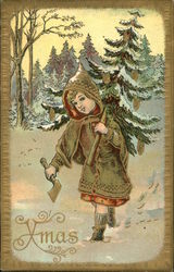 Girl Carrying Christmas Tree Postcard