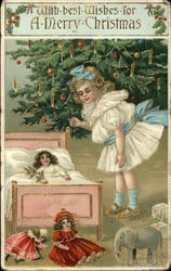 Girl Looking at Toys Under Christmas Tree Postcard