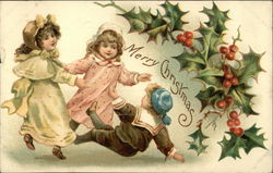 Merry Christmas with Children and Holly Postcard