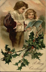 Two Children Writing List in Book Postcard