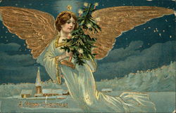 A Merry Christmas with Angel in the Evening Snow Postcard