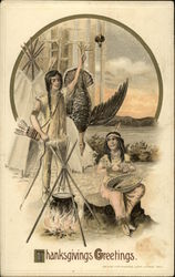 Indian Couple With Turkey and Campfire, Teepee, Bow & Arrows Postcard