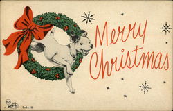Merry Christmas - Little Nipper Jumps Through Wreath with Red Bow Postcard