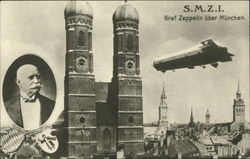 Zeppelin Flying Over Munich Postcard