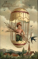 Boy Flying Above Town in Easter Egg Postcard