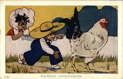 "Pleasant Anticipations" - Black Boy Following Hen Postcard
